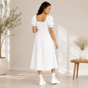 Robe midi florale blanche premium pour femme, col carré, manches bouffantes, décontractée et élégante pour l'été, en coton non extensible, rayée, taille haute - Product Image 4