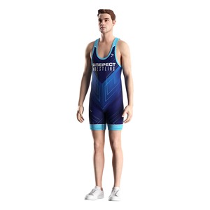 Wrestling Singlet Men One-Piece Fitted Spandex Polyester Stretch Martial Arts Wear <b>Blue</b> Sublimation Print Front Logo - Product Image 1
