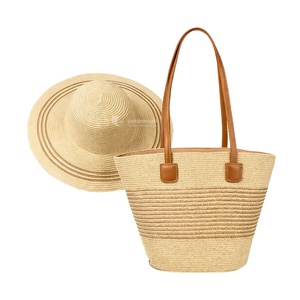 Conjunto de Bolso de Playa y Sombrero de Sol de Paja Tejida a Rayas, Bolso de Hombro de Verano con Borde de Flecos de Rafia para Vacaciones y Viajes, Venta al por Mayor - Product Image 1