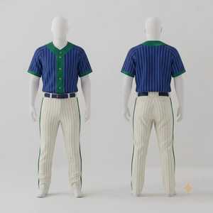 Ensemble de vêtements de sport pour hommes sur mesure, uniforme de baseball, maillot bleu à rayures fines, bordure verte, pantalon crème à rayures fines, ceinture bleue - Product Image 1