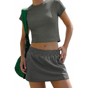 2 Piece Casual Activewear Set Crop Top <b>Elastic</b> Waist Shirt Skorts <b>Skirt</b> 100% Cotton Breathable 2026 - Product Image 4