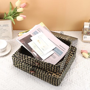 Ensemble de 2 paniers de rangement plats en osier tressé avec couvercle, en jonc de mer naturel, faits à la main, vente en gros, écologiques, fabriqués au Vietnam - Product Image 4