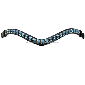 Bande de front de cheval en cuir de forme incurvée garantie à vie avec strass de cristaux ronds bleu denim bande de front méga bling - Product Image 3