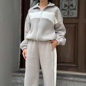 Ensemble de survêtement patchwork 2 pièces pour femme – Veste zippée et pantalon de sport |   Tenue Athleisure Décontractée - Product Image 5