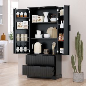 Mobile dispensa moderno scanalato da 72 pollici con 2 ampi cassetti e scaffale portaspezie a 8 ante, per cucina e bagno - Product Image 3