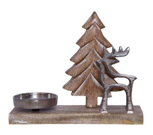 Porte-bougie de Noël en forme de cerf argenté, design tendance, base en bois, finition aluminium, pour la maison et les mariages. - Product Image 1