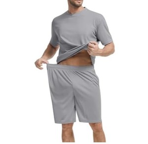 Ensemble t-shirt et short pour homme, couleur unie, séchage rapide, col rond, vêtements décontractés d'été, tissu tricoté en polyester et élasthanne - Product Image 3
