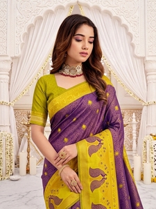 Sari en soie violet et jaune avec motif paon pour femme, longueur ras du sol, sans plis, coupe classique, idéal pour mariage traditionnel indien - Product Image 2