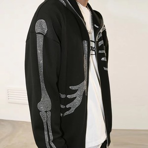 Sudadera con capucha negra con cremallera completa y diseño de esqueleto, con pedrería, estilo gótico oversize, streetwear, Y2K, punk - Product Image 4