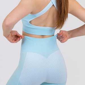 Conjunto de Yoga para Mujer, Azul Claro, 2 Piezas, Top Corto, Leggings de Cintura Alta, Spandex, Poliéster, Sin Costuras, Transpirable, Directo de Fábrica - Product Image 6