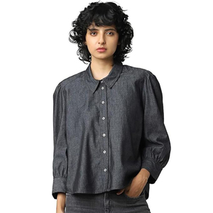 Camisa vaquera oversize gris oscuro para mujer, estilo vintage, con botones, transpirable, de algodón ligero para verano, OEM disponible - Product Image 4