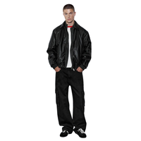 Blouson Bomber Homme Noir en Cuir Véritable Style Streetwear Col Chemise Double Fermeture Éclair Devant Poignets et Ourlet Élastiques Coupe Décontractée Vêtement d'extérieur Premium