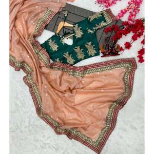 Sari en tissu brodé de créateur avec des paillettes, des cordons et une bordure en dentelle - Product Image 5