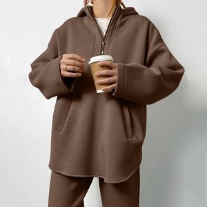 Unisex Solid Color Cotton Tracksuit Set Half-<b>Zip</b> <b>Hooded</b> Casual Breathable Streetwear Regular Fit Winter Full Length Heavyweight - Product Image 3