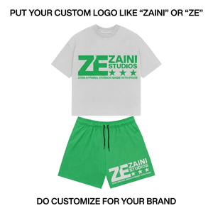 ZAINI 280 GSM Premium 100% Polyester Breathable Crew Neck T Shirt Mesh Shorts White <b>Green</b> Custom Logo Printed Streetwear Set - Product Image 1