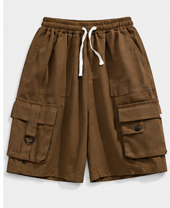 Shorts cargo marron pour homme, taille mi-haute, cordon de serrage, toile de coton, style décontracté, longueur bermuda, poches - Product Image 1