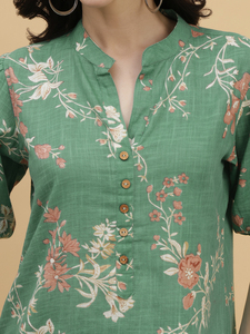 Chemise tendance pour femme, imprimé floral vert, coton, col mandarin, manches ballon trois quarts, boutonnée, décontractée et pour le bureau - Product Image 6