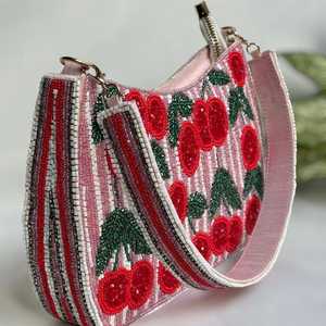 Handmade Cherry Embroidery Beaded Handbag <b>Pink</b> Red Floral Pattern <b>Crossbody</b> <b>Bag</b> For Women Accessory <b>Pink</b> White Beaded - Product Image 2