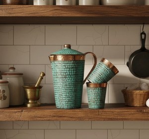 Ensemble de gobelets en cuivre Areeb, finition patine, style bohème antique, grande capacité, avec couvercles et poignée - Product Image 2