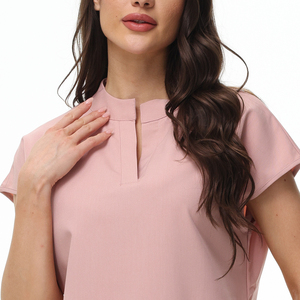 Women Pink <b>Scrub</b> <b>Top</b> With Notched Collar And Pockets Hospital Uniform Blouse - Product Image 6