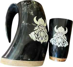 Tazas de Cuerno de Buey, Vaca o Búfalo Hechas a Mano en Blanco y Negro, Taza Vikinga para Vino, Té o Café, para Fiestas y Eventos - Product Image 1