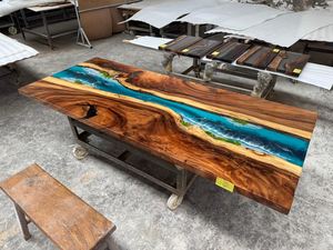 Mesa de oficina de resina epoxi de madera maciza con efecto río, mesa de comedor transparente de resina epoxi y madera maciza, superventas - Product Image 3