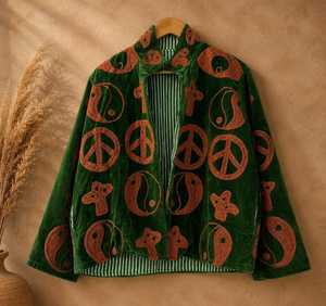 เสื้อแจ็คเก็ตสีเขียวสุดเก๋สไตล์ซูซานี ปักลายสัญลักษณ์สันติภาพ หยินหยาง โดดเด่นสะดุดตา เหมาะสำหรับงานเทศกาลสไตล์โบโฮ - Product Image 4