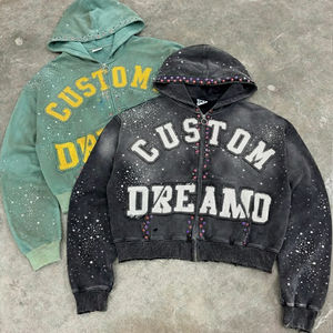 Sudadera con capucha para hombre con diseño de pedrería, estilo oversize, con cremallera y letras aplicadas, efecto desgastado por pulverización y lavado enzimático. - Product Image 5