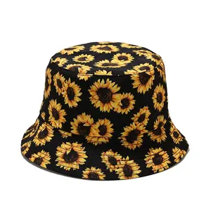 卸売夏女性黒バケツ帽子カスタム刺繍ロゴ無地空白綿ワイドつば漁師帽子バケツ帽子