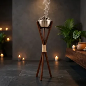 Hand-Made Sandalwood Incense <b>Bakhoor</b> <b>Burner</b> with Wooden Bamboo Tripod Stand Aromatic Diffuser Aromatherapy All-Season Use - Product Image 4