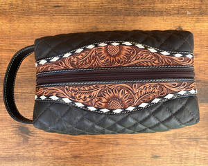 Designer Diamond Lattice Hand Tooled Quilted Leather Travel Cosmetic <b>Bag</b> Designer Makeup <b>Bag</b> Multifunctional Travel Toiletry <b>Bag</b> - Product Image 3