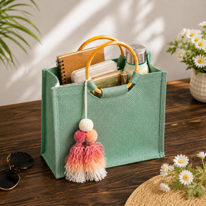 Sac fourre-tout en jute avec poignée en bambou, écologique, en fibres naturelles, pour femmes, pour le shopping, les voyages, le bureau, le marché et l'usage quotidien - Product Image 5