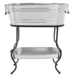 Luxury Oval Stainless Steel <b>Drink</b> Tub with <b>Stand</b> & Bottom Storage Tray OEM Durable Ice Cooler with Wooden Handles for Wholesale - Product Image 1