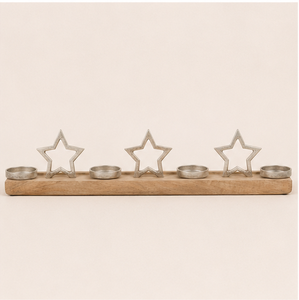 Handmade Rustic Mango Wood Advent Candle Holder Tray With 4 Silver Aluminum Stars Decorative Christmas Centerpiece For Home Use - Product Image 1