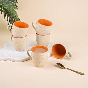 Ensemble de 4 tasses à thé en grès DuoTone beige et orange à pois, compatibles micro-ondes, avec motif de fruits et plateau, capacité de 400 ml - Product Image 1
