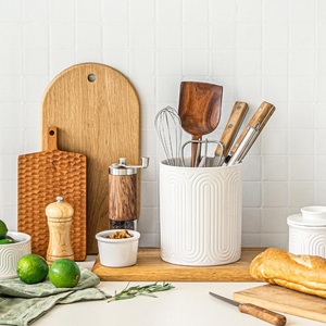Embossed Ceramic Utensil Holder <b>Set</b> Textured Surface High <b>Fired</b> Strength Chip Resistant Stable Kitchen Counter Storage Organizer - Product Image 3