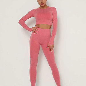 Pink Two Piece Yoga Set Scoop Neck Long Sleeve Crop <b>Top</b> High Waist Full Length Leggings Seamless Four Way Stretch Solid Color - Product Image 6
