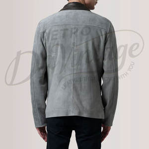 Veste en daim gris pour homme de qualité supérieure, col en cuir marron contrastant, coupe ajustée, style urbain, veste décontractée en daim - Product Image 3