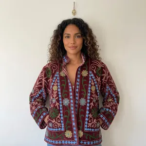 Floral Embroidered Sequin Quilted Knitted Eco-friendly Natural Dyes Cotton Jacket Double Breasted <b>Zipper</b> Closure Stand Women's - Product Image 1
