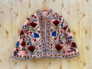 Indian Handmade Peach Cotton Suzani Embroidered Jacket <b>Coat</b> for <b>Women</b> Casual Winter Outerwear Open Front Bridesmaids Gift - Product Image 1
