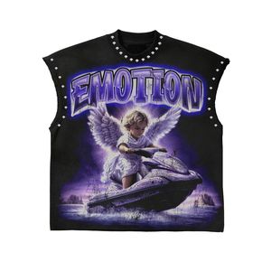 Camiseta sin mangas para hombre, estilo vintage, hip hop urbano, 100% algodón, 300 g/m², corte holgado, con pedrería, ecológica, venta al por mayor, personalizada - Product Image 3