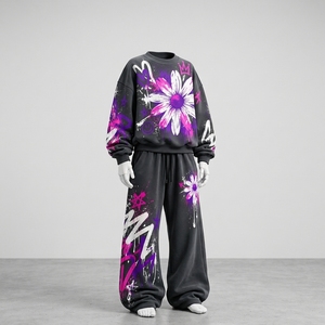 Women's Black Floral Graphic Crewneck Sweatshirt Wide Leg Pants <b>Tracksuit</b> <b>Set</b> Purple <b>Pink</b> Graffiti Streetwear Custom Apparel OEM - Product Image 2