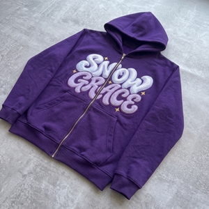 Sweat à capuche Snow Grace violet avec fermeture éclair, imprimé en relief, en polaire, décontracté, unisexe, pour l'hiver - Product Image 5