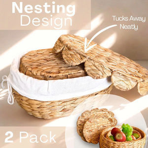 Juego de 2 Cestas Redondas de Mimbre con Tapas Festoneadas, Asas y Forros Extraíbles - Cestas Decorativas Tejidas a Mano de Jacinto de Agua - Product Image 2