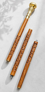 Canne de marche en bois avec poignée horloge, détails en laiton sculpté floral, canne de gentleman classique, style antique, canne décorative - Product Image 3