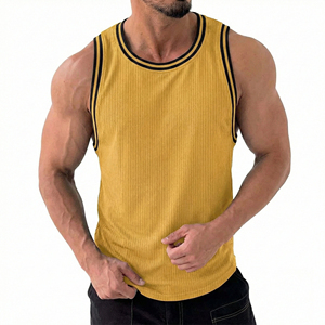 <b>Men's</b> Fitness Tank Top Custom Logo Muscle Fit Sleeveless Gym <b>Singlet</b> Ringer Contrast Neckline Striped Bodybuilding Sportswear - Product Image 4