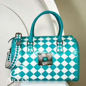 Hand <b>Tooled</b> Cowhide <b>Leather</b> Speedy Bag With Turquoise Concho Checkered Pattern Crossbody Handbags Stylish Travel Duffel Bags - Product Image 1