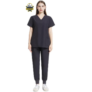 Ensemble de blouses médicales pour femmes en coton et polyester tricoté, haut à col en V et pantalon de jogging, uniformes médicaux d'hôpital, noir - Product Image 3