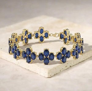 Oval Cut Lab Grown Blue Sapphire Stone Charm <b>Bracelet</b> 925 Sterling Silver Gold Plated Luxury Handmade Fine Jewelry Gift for Her - Product Image 1