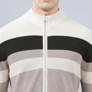 Cardigan zippé pour homme, col mandarin, rayé, en laine et acrylique, tricoté, pour l'hiver, anti-boulochage, manches classiques - Product Image 4